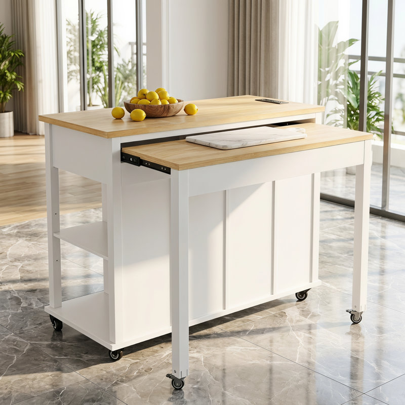 Îlot de cuisine blanc de 47 pouces avec table de salle à manger extensible et prise de courant