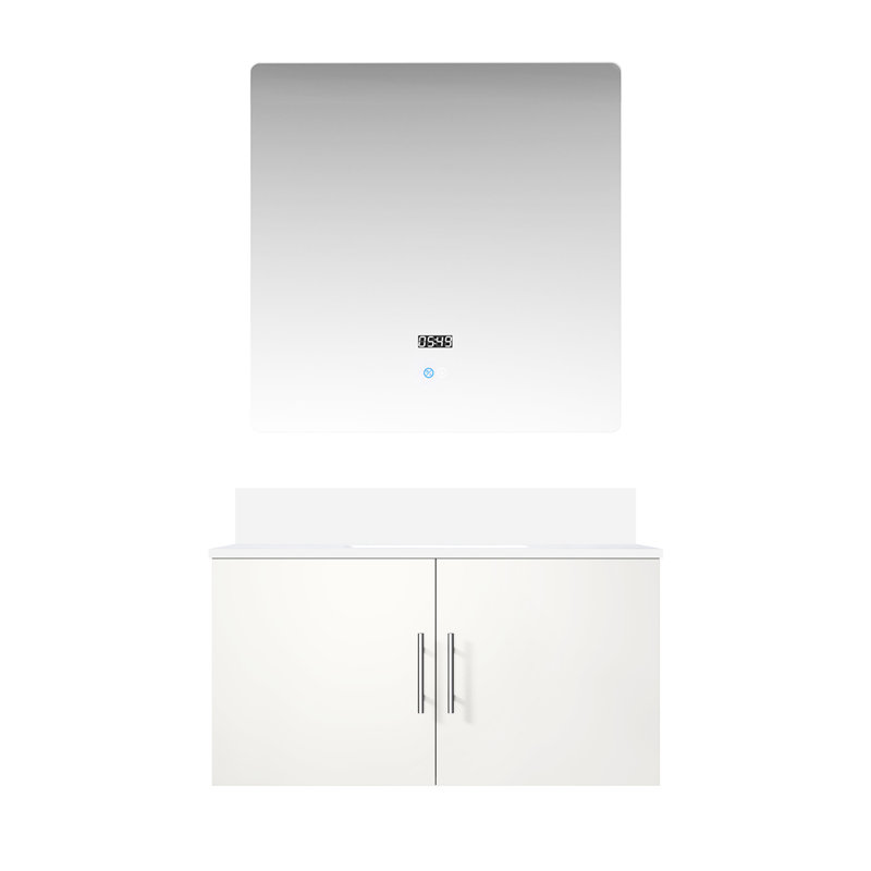 36 po L x P 22 po. Meuble-lavabo blanc brillant avec comptoir en marbre et miroir, Blanc lustré