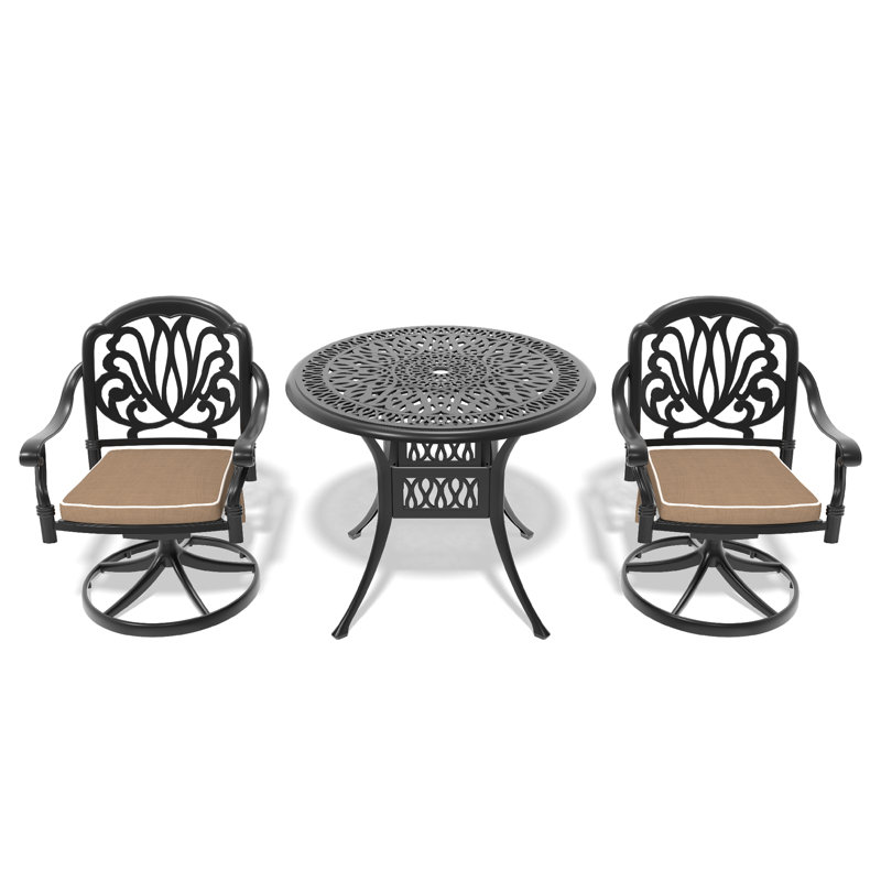 Ensemble de bar de salle à manger en aluminium coulé 3 pièces 3 pièces, comprenant 2 chaises pivotantes et une table ronde de 35,43 po avec structure noire