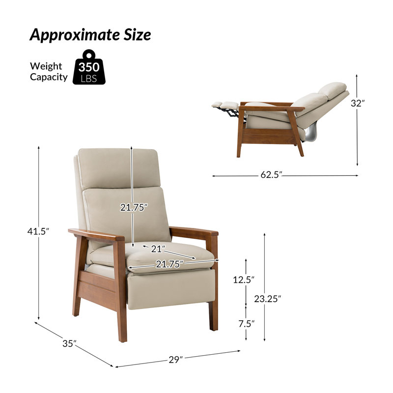 Gladys Mid-Century Modern Genuine Leather Pushback Recliner, Beige Genuine Leather