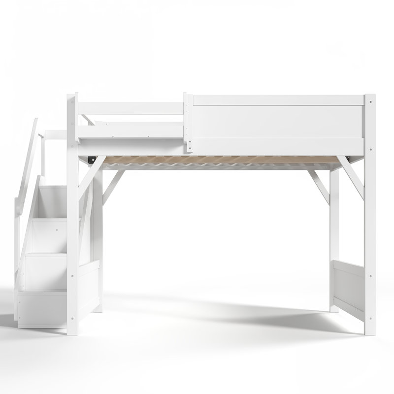 Grand lit mezzanine avec garde-robe et rangement intégrés, bois massif, escaliers, garde-corps, tablettes, sans sommier, blanc