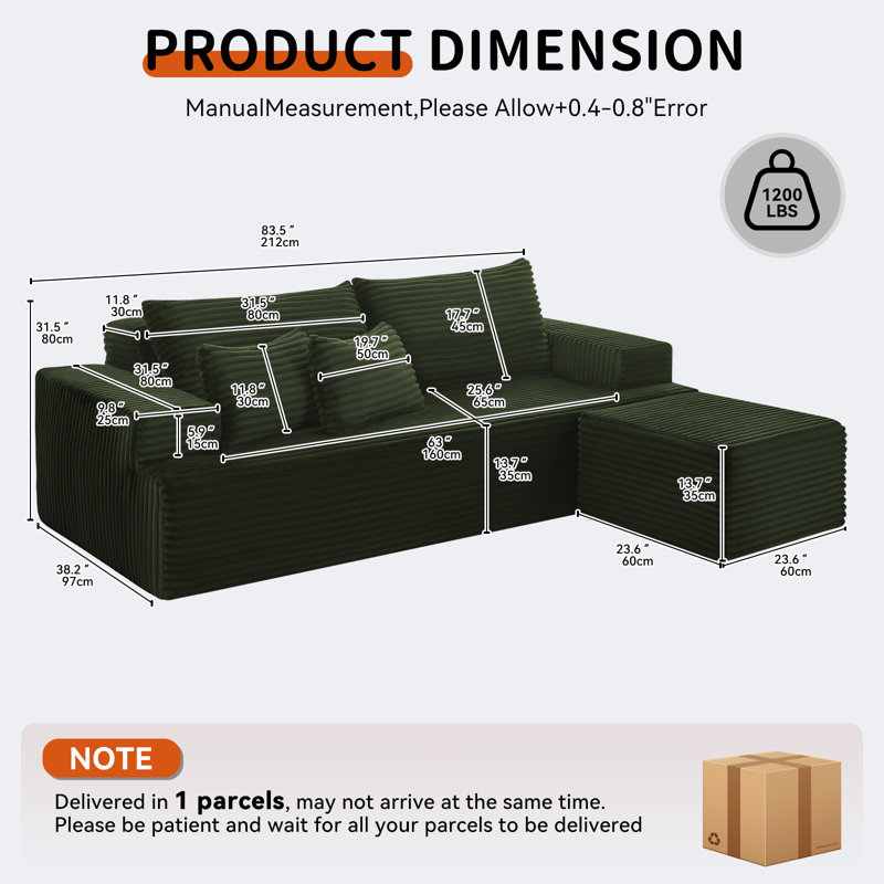 83.5'' Wide Comfy Cloud Couch Sectional Modern Sofa in a Box,Loveseat Sofa With Ottoman Sectional Couches for Living Room, Bedroom, Office, No Assembly Required