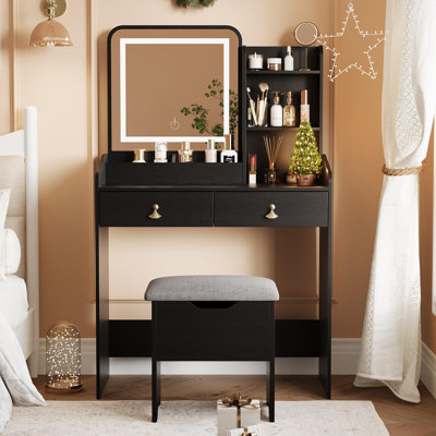 Vanity Table Set with LED Light Mirror and Charging Station, Small Makeup Desk with Drawers, Stool and Adjustable Brightness for Bedroom