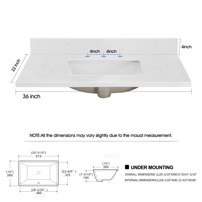 36" Engineered Stone Single Bathroom Vanity Top With Sink