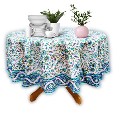 Block Print Floral Cotton Round Tablecloth