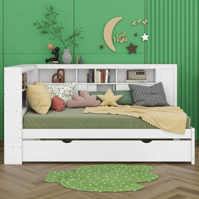Lit de jour simple en bois avec tablettes de rangement, USB et lit gigogne