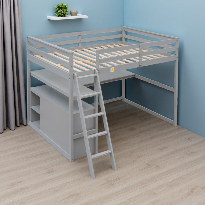 Full Size Loft Bed With Desk And Shelves,Two Built-In Drawers, Gray, Full