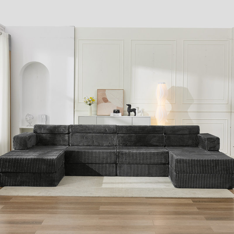 Ensemble de salon modulaire rembourré en velours côtelé 141,6 po Sisler, Velours côtelé noir