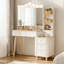 Bureau de meuble-lavabo avec miroir à trois côtés pliable 3 couleurs d'éclairage, 2 barres d'alimentation USB et 5 tiroirs