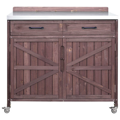 Outdoor Kitchen Island Series - 2 Piece Modular Solid Wood Set, 304 Sink Stainless Steel Station W/ Faucet, Drawer, 2 Door Shelves, Outdoor Storage Cabinet W/ Wheels For Backyard, Patio, Dark Brow