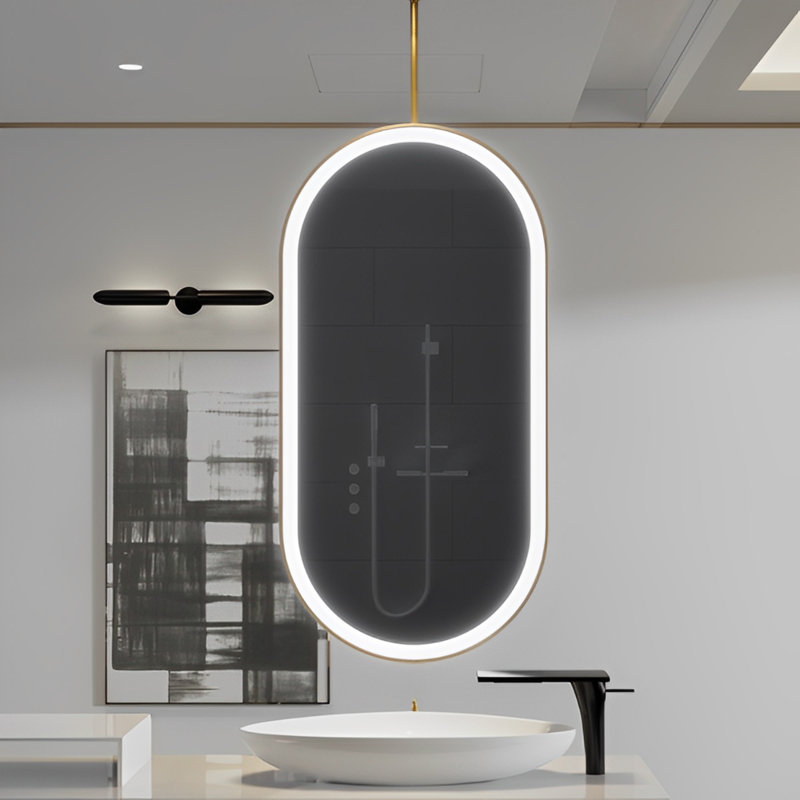 Brushed Gold Oval Ceiling Mounted Led One Sided Mirror 24"x48"