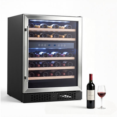 Cave à vin de 61 cm (24 pouces) pour 46 bouteilles, idéale pour un bar à domicile. Double zone de température, encastrable ou pose libre, avec compresseur, serrure, contrôle de température de 4 à 19 °C (40 à 66 °F), porte vitrée et éclairage LED.
