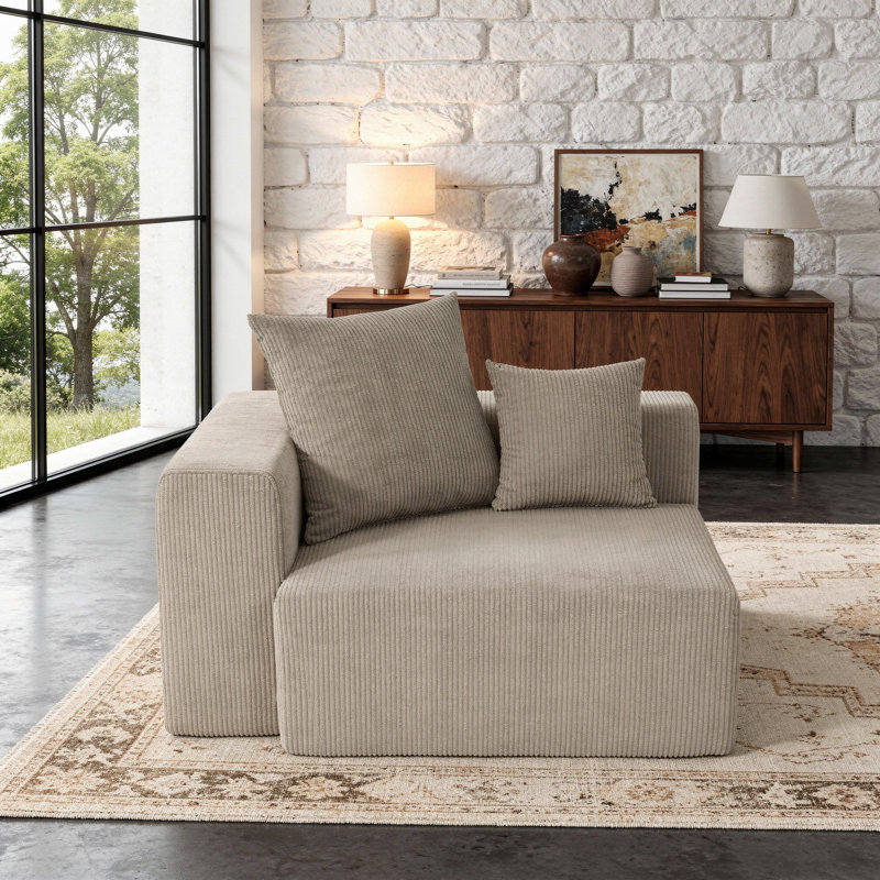 Méridienne rembourrée en velours côtelé avec coussin - entièrement comprimé, aucun assemblage requis, Brun