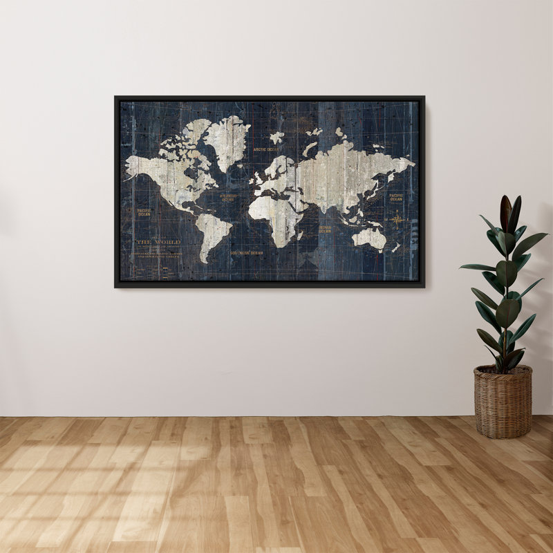 "Old World Map Blue 2 Crop" par Wild Apple, impression sur toile dans un cadre flottant, H 27,5 po x l 43,5 po