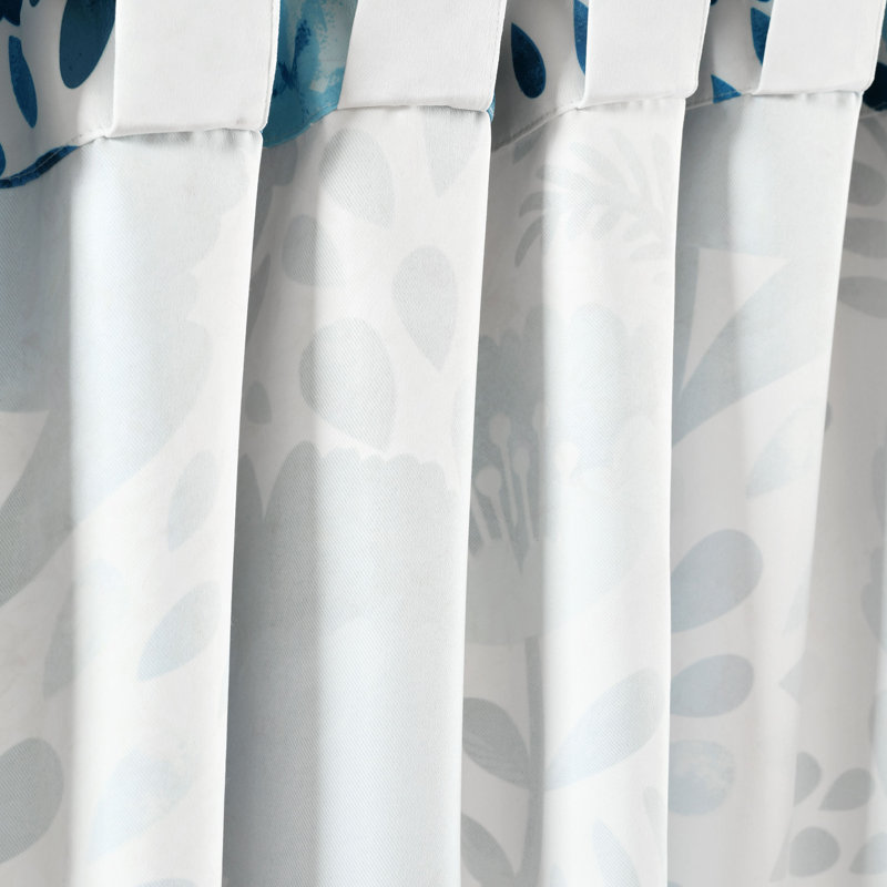 Blue Floral Polyester Room Darkening Curtain Panels