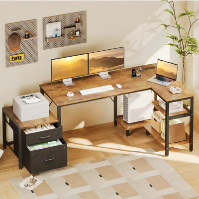 Bureau d'écriture avec prises de courant encastrées, bureau à domicile avec armoire à imprimante, bureau d'ordinateur réversible avec support pour PC, bureau d'angle avec structure robuste
