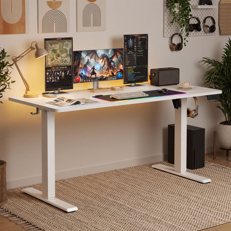 Adjustable Steel Computer Desk, White, 120 cm H x 140 cm W x 60 cm D, White
