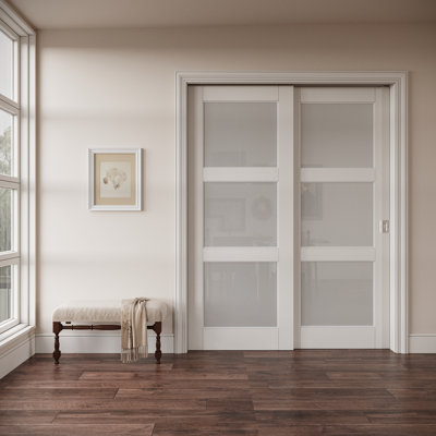 Porte coulissante en verre givré blanc