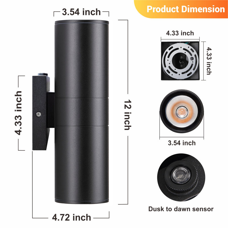 Dusk to Dawn Outdoor Lighting Wall Lights 12 2700K Integrated LED Cylinder Up Down Lights, IP65 Waterproof Aluminum Exterior Wall Sconce for Porch Patio