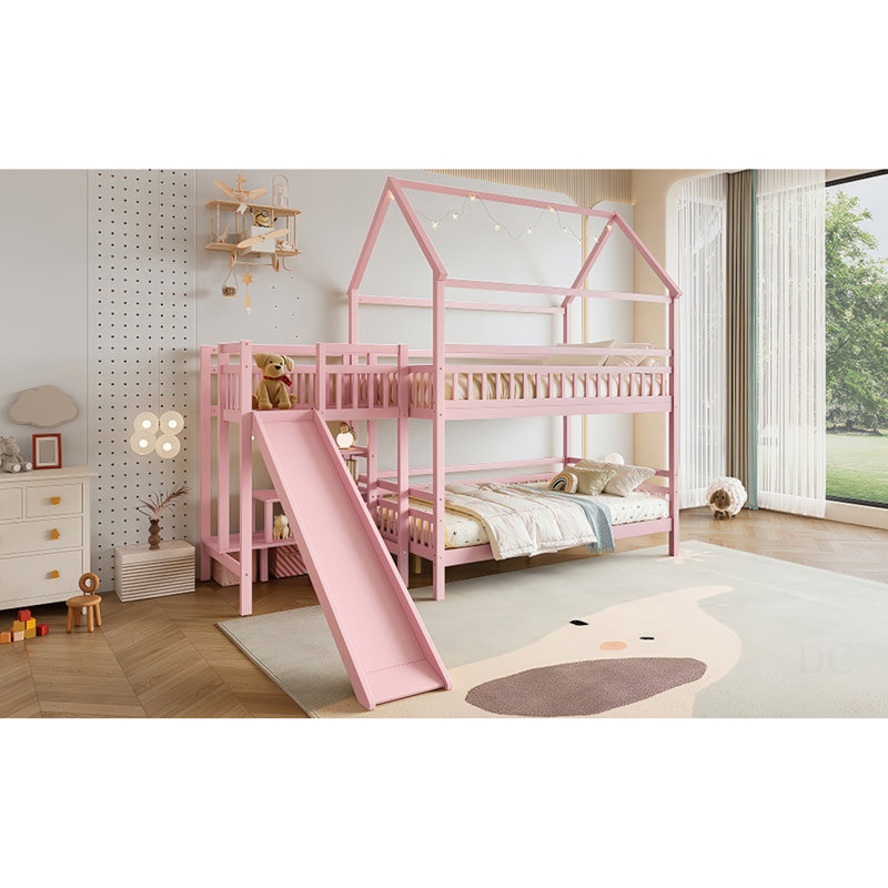 Lit double superposé en forme de maison double avec glissade, lit de jeu avec escalier de rangement, deux méthodes de placement, conception silencieuse