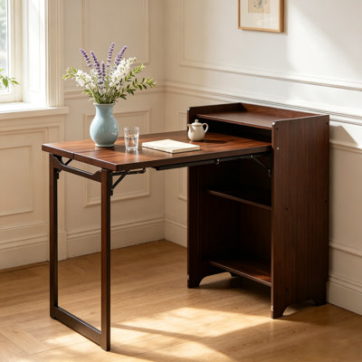 Bamboo Folding Desk, Foldable Desk for Small Space, Computer Desk with Hidden Storage, Mid Century Foldable Table for Home Office and Bedroom