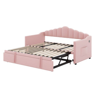 Upholstered Twin Size Daybed With Pop Up Trundle  And 2 Side Pockets