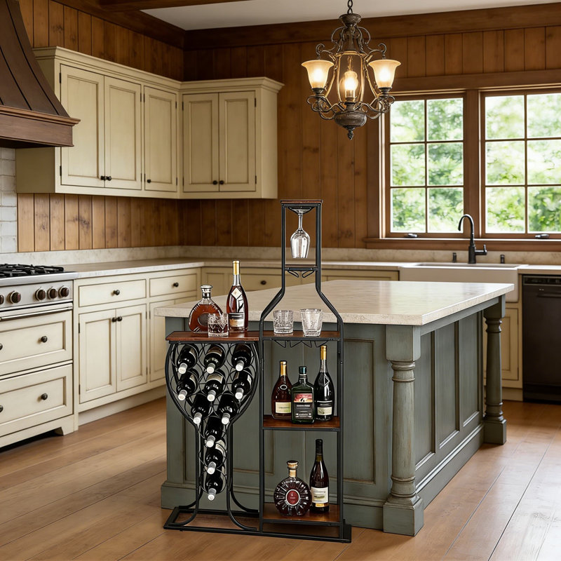 Armoire à vin et bar autoportante à 5 niveaux - Peut contenir 11 bouteilles avec un support en verre et des tablettes de rangement pour la cuisine, la salle à manger ou le bar à la maison