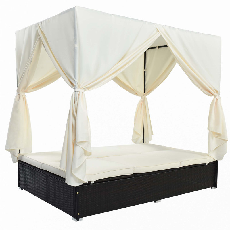 Outdoor Patio Wicker Sunbed Daybed With Cushions, Adjustable Seats, Beige