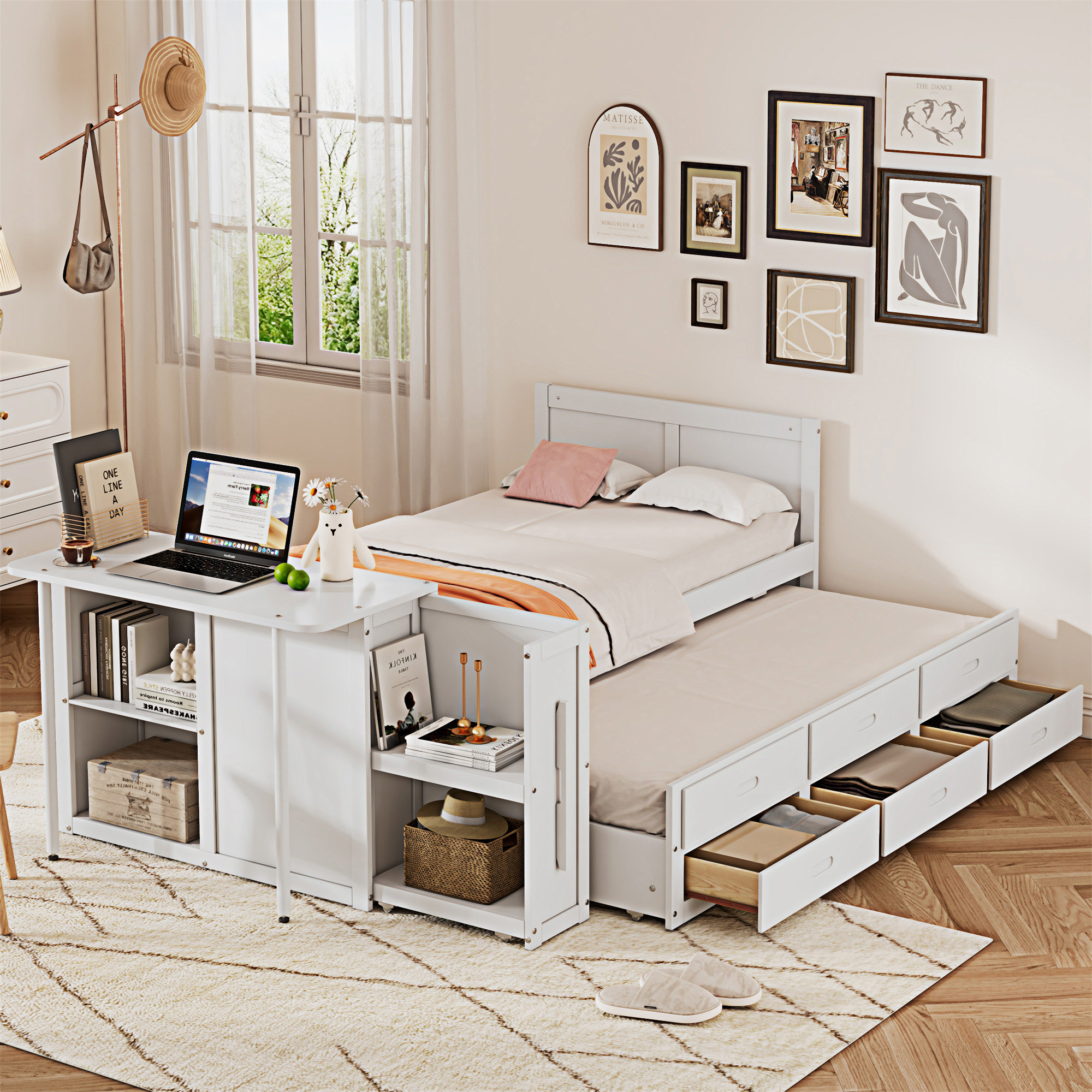 Foldable Rest Platform Red Barrel Studio® Multifunctional Wood Platform Bed With Desk And ...