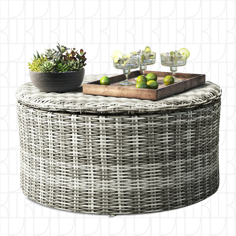 Gray Round Wicker Outdoor Coffee Table with Hidden Storage