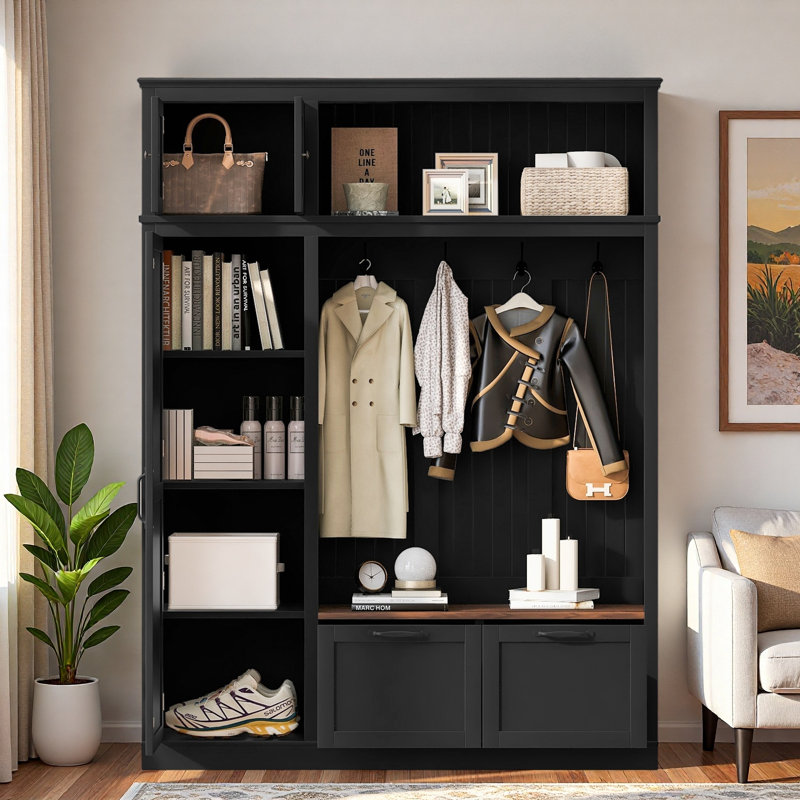 Arbre d'entrée 3 en 1 avec armoire de rangement supérieure, rangement ouvert, 3 tablettes latérales réglables, 4 crochets robustes, 2 tiroirs spacieux et banc de siège