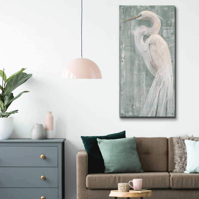 «Coastal Egret 2 Green» par Albena Hristova, art mural en verre acrylique, H 48 po x l 24 po