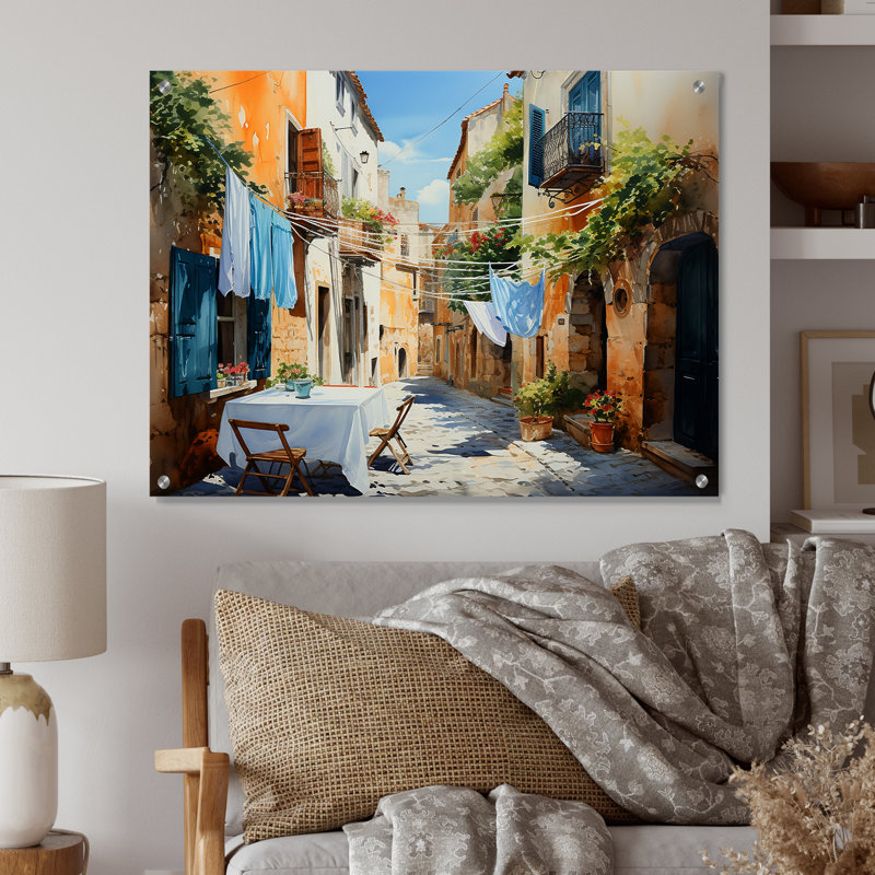 Laundry Day In Italy I - Art mural en acrylique pour la cuisine, H 30 po x l 40 po