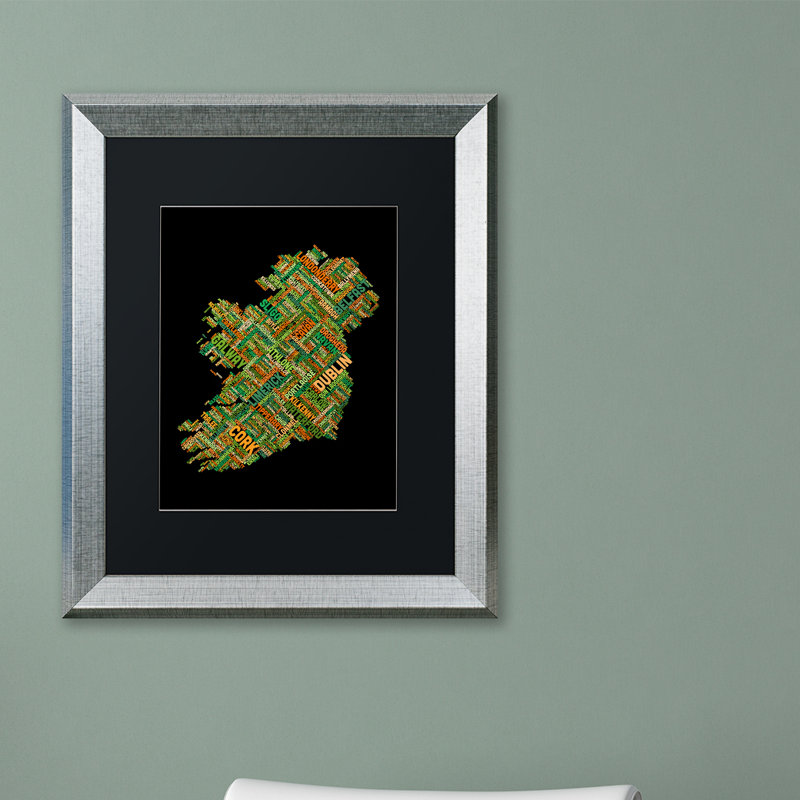 « ireland city text map », impression encadrée, H 20 po x l 16 po x P 0,5 po, Noir, Cadre argenté