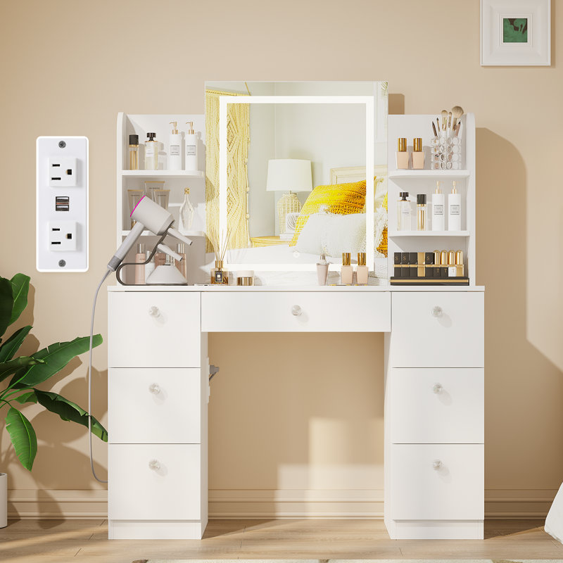 Coiffeuse avec miroir à DEL, 7 tiroirs et 6 tablettes ouvertes, Blanc / Blanc
