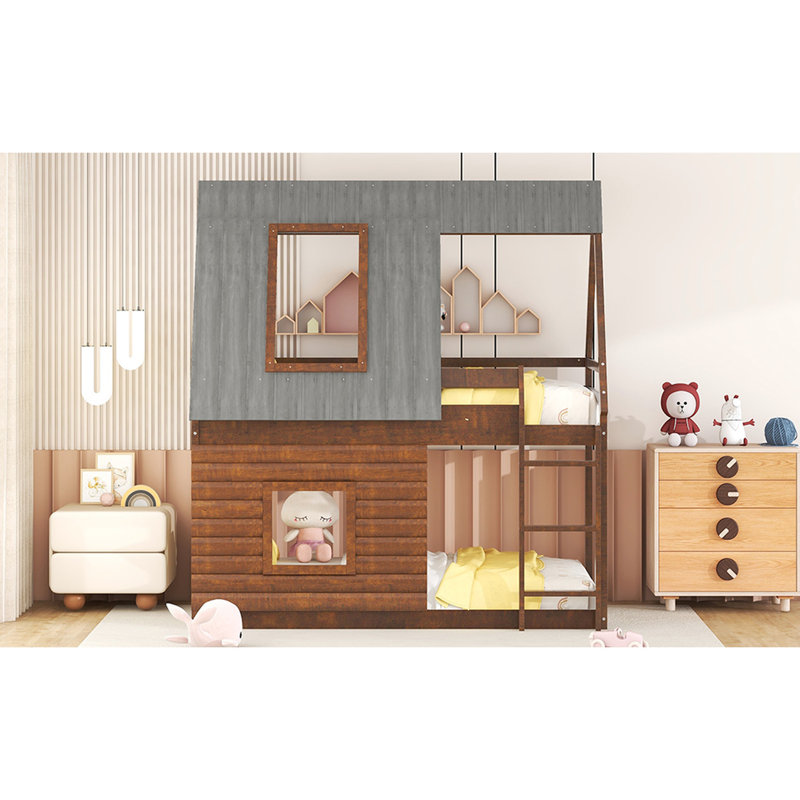 Lit superposé House pour les jumeaux en chêne et gris fumé - toit, 2 fenêtres robustes et fabrication en bois