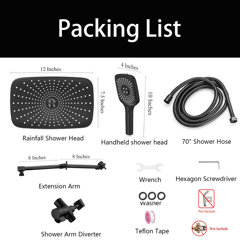12 Inch Rain Shower Head With Handheld Spray Combo, With Adjustable Extention Arm, 3-Way Diverter, Black