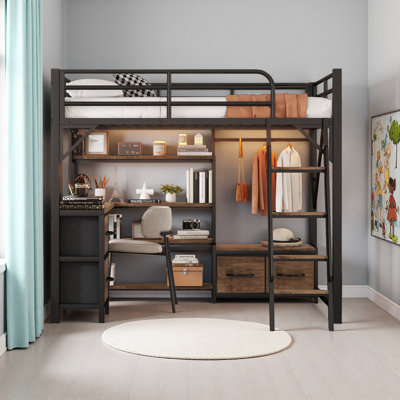 Loft Bed With Desk And Light, Metal Loft Bed With Storage Shelves, Wardrobe And Drawers