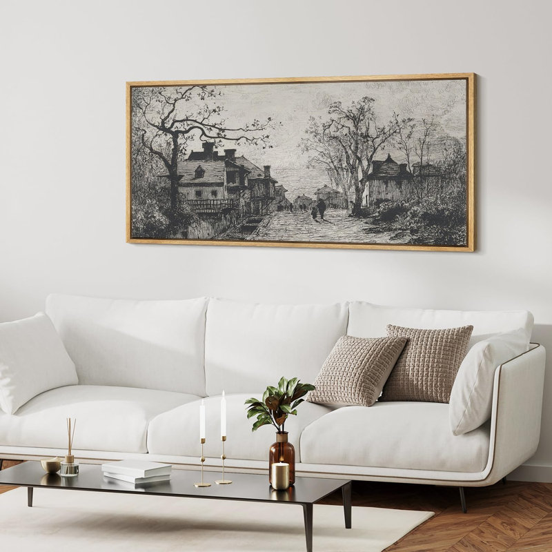 Dessin architectural rétro - urbain intemporel, reproduction sur toile, H 30 po x l 60 po, Naturel