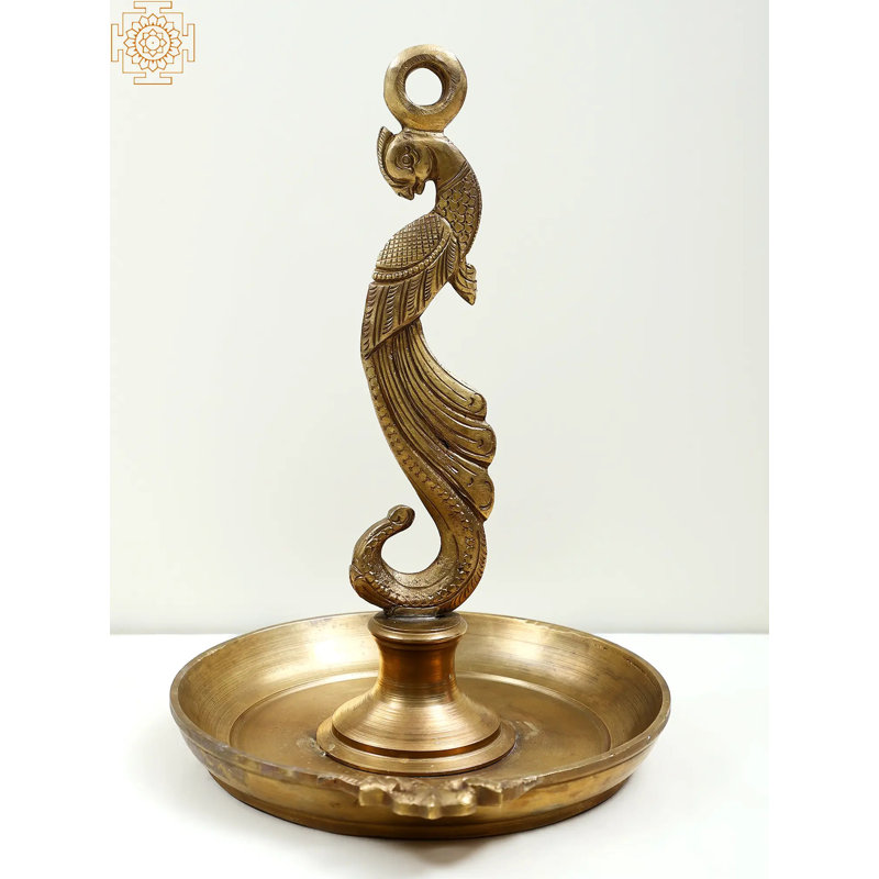 Lampe paon en bronze faite à la main 8 po - Art traditionnel Hoysala, design complexe, éclairage spirituel et décoratif