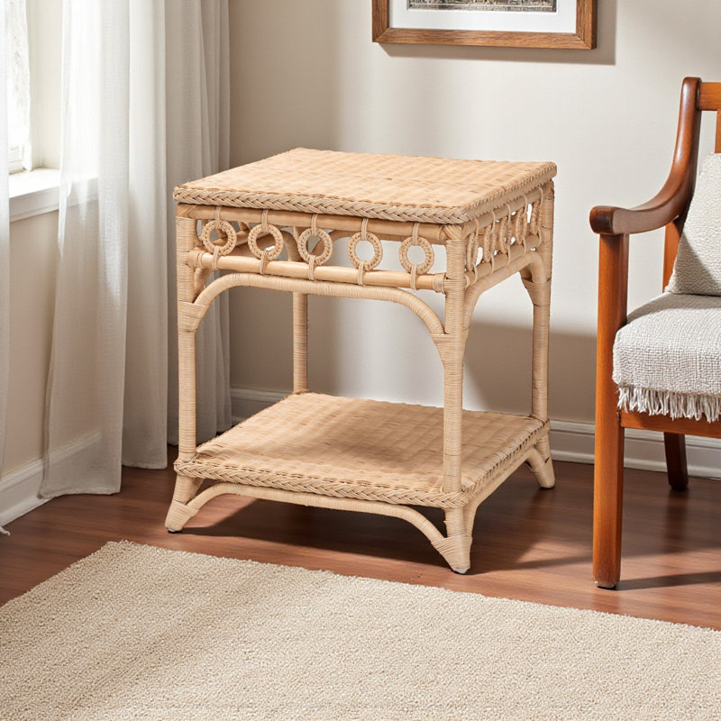 Elodie Natural Rattan End Table with Shelf Square Boho Accent Table with Decorative Loop Detail