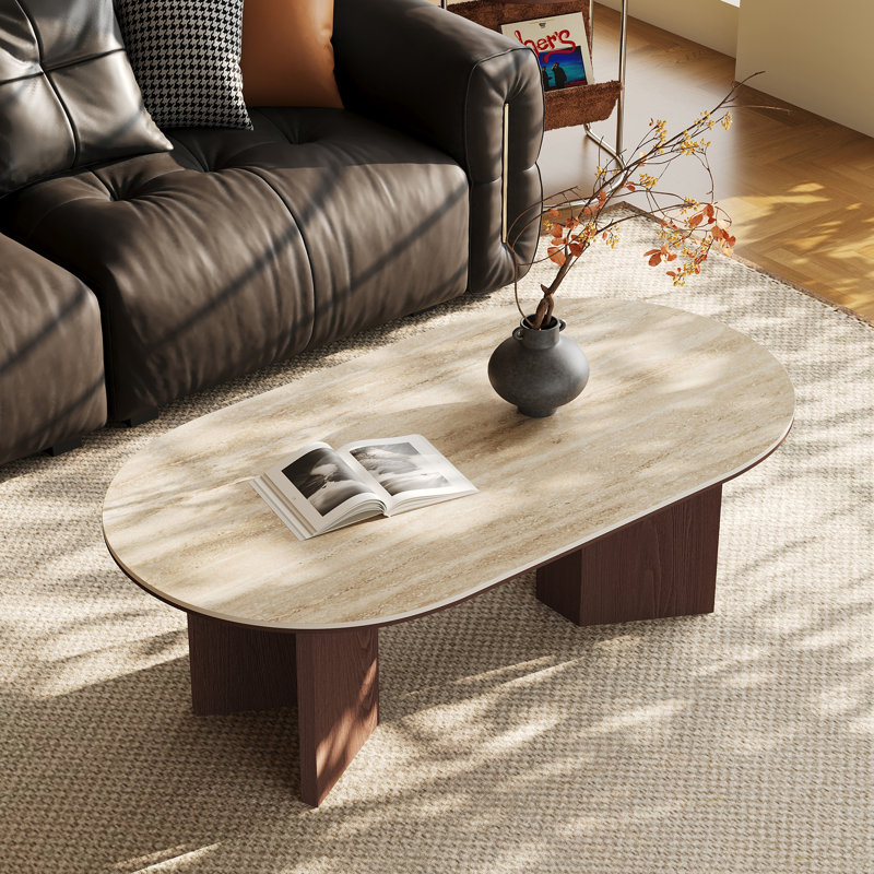 51.18'' Oval Travertine-Look Coffee Table with Walnut Legs, Wabi-Sabi Modern Accent Table for Living Room