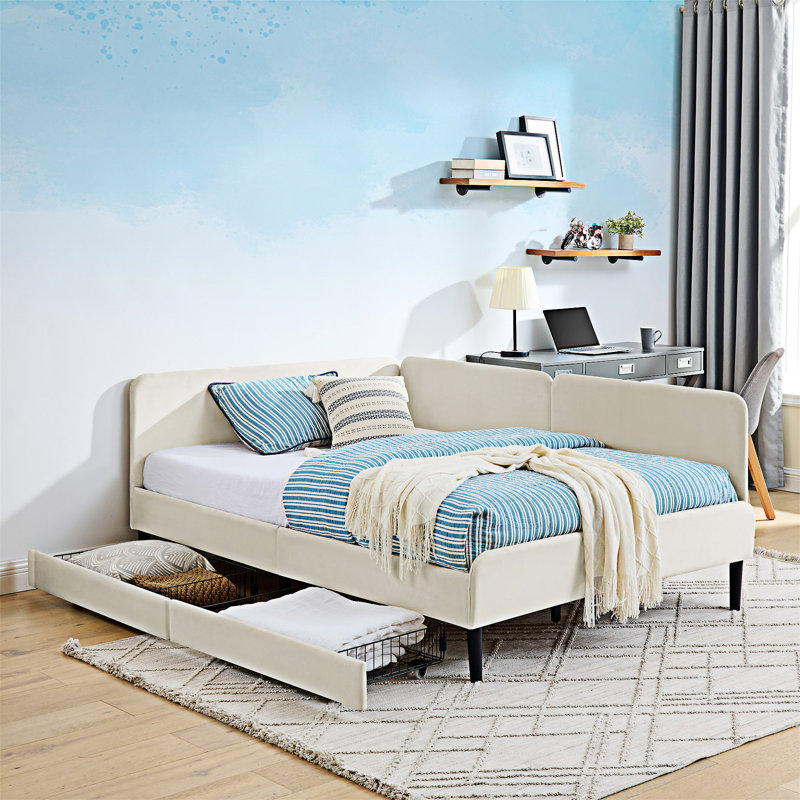 Upholstered Platm Bed Frame With Drawers, Beige, Full