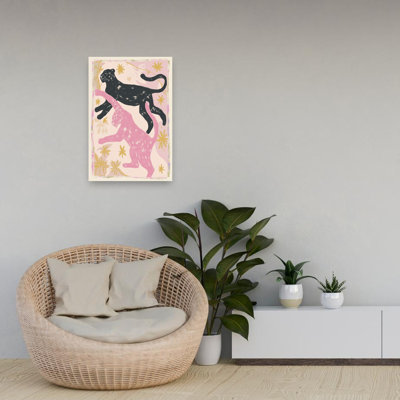 Pink Black Panthers Leap Abstract Energetic Modern Cat Nature Tropical Wall Art Print by Mathieu - Wrapped Canvas Print