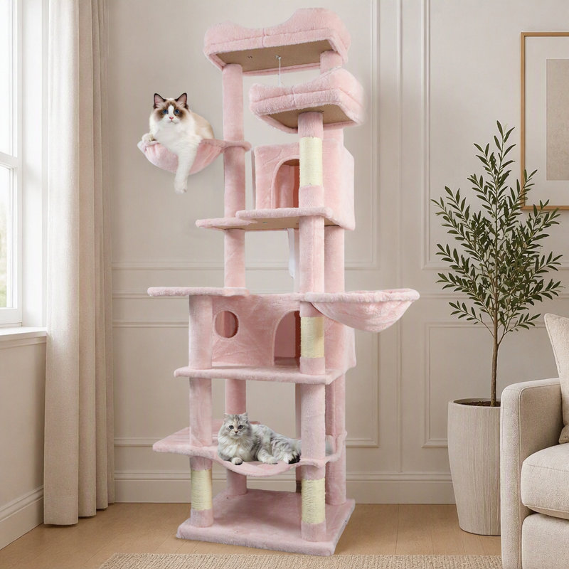 Arbre à chat multiniveaux de 173 cm de hauteur avec hamacs, panier suspendu, grotte pour chat, coussin amovible et poteaux à griffer - Tour moelleuse pour chats d'intérieur, idéale pour plusieurs chats