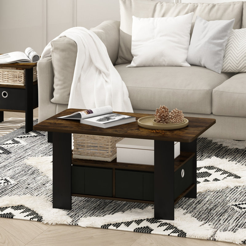 Hilburn Four Leg Coffee Table with Storage, Amber Pine/Black