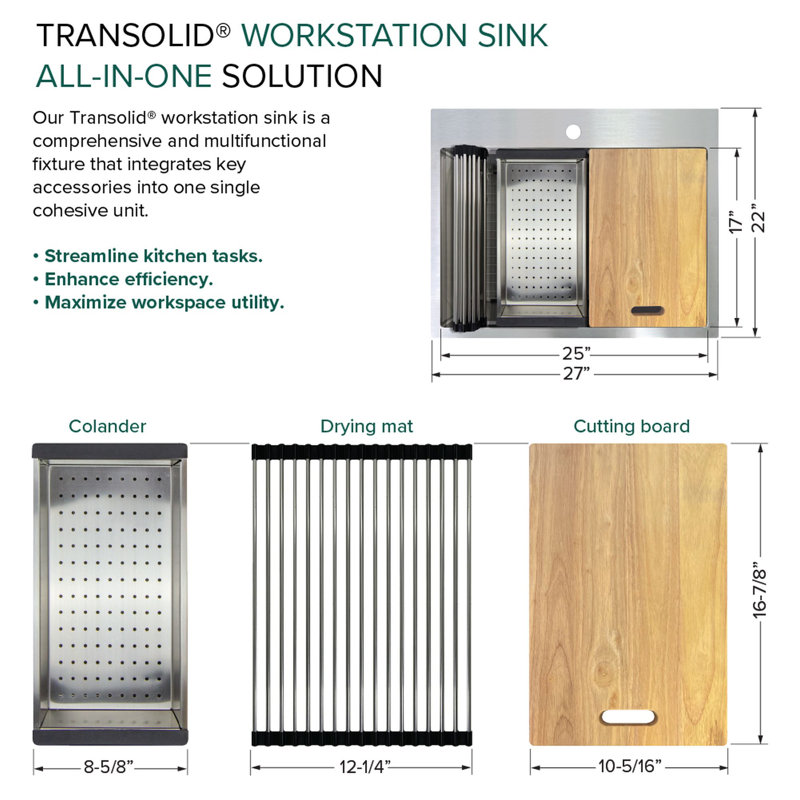 Transolid 27-in X 22-in 18-Gauge Drop-in Stainless Steel Kitchen Workstation Sink