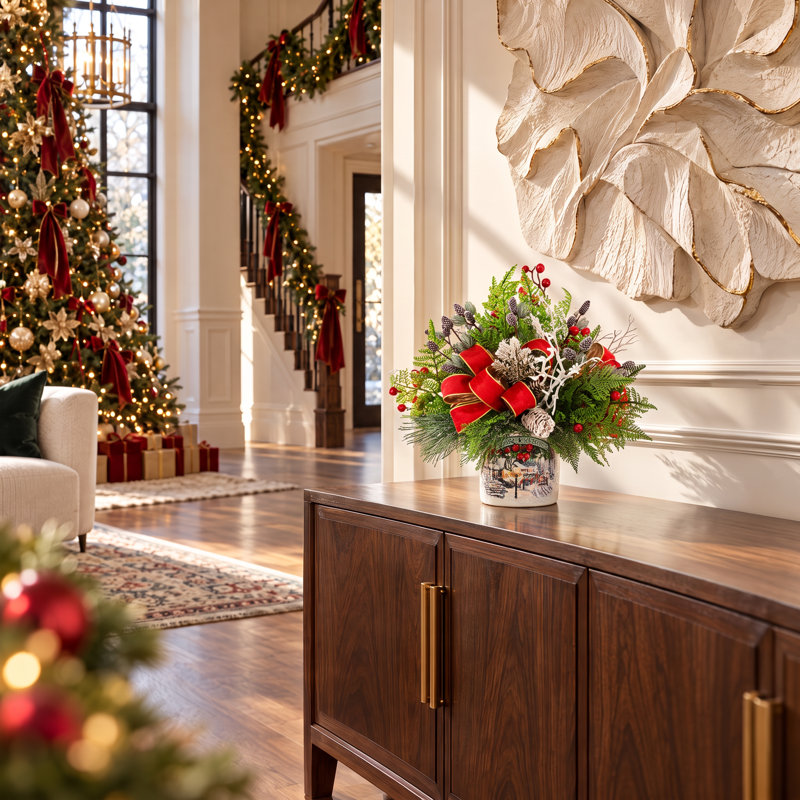 Festive holiday arrangement with greens and Berries