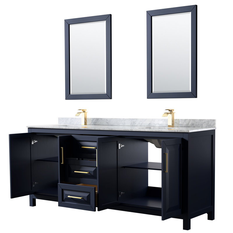 Daria 80'' W Double Vanity, White Cultured Marble, Dark Blue, Brushed Gold