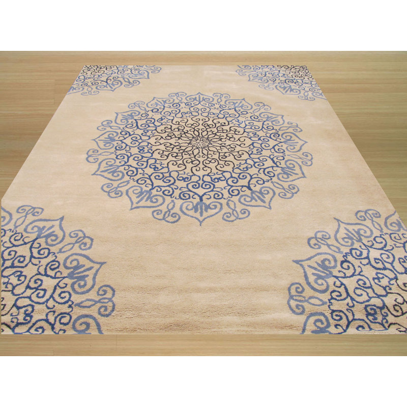 Tapis oriental transitionnel en laine bleu touffeté à la main Pledger, Rectangle 8 pi 9 po x 11 pi 9 po